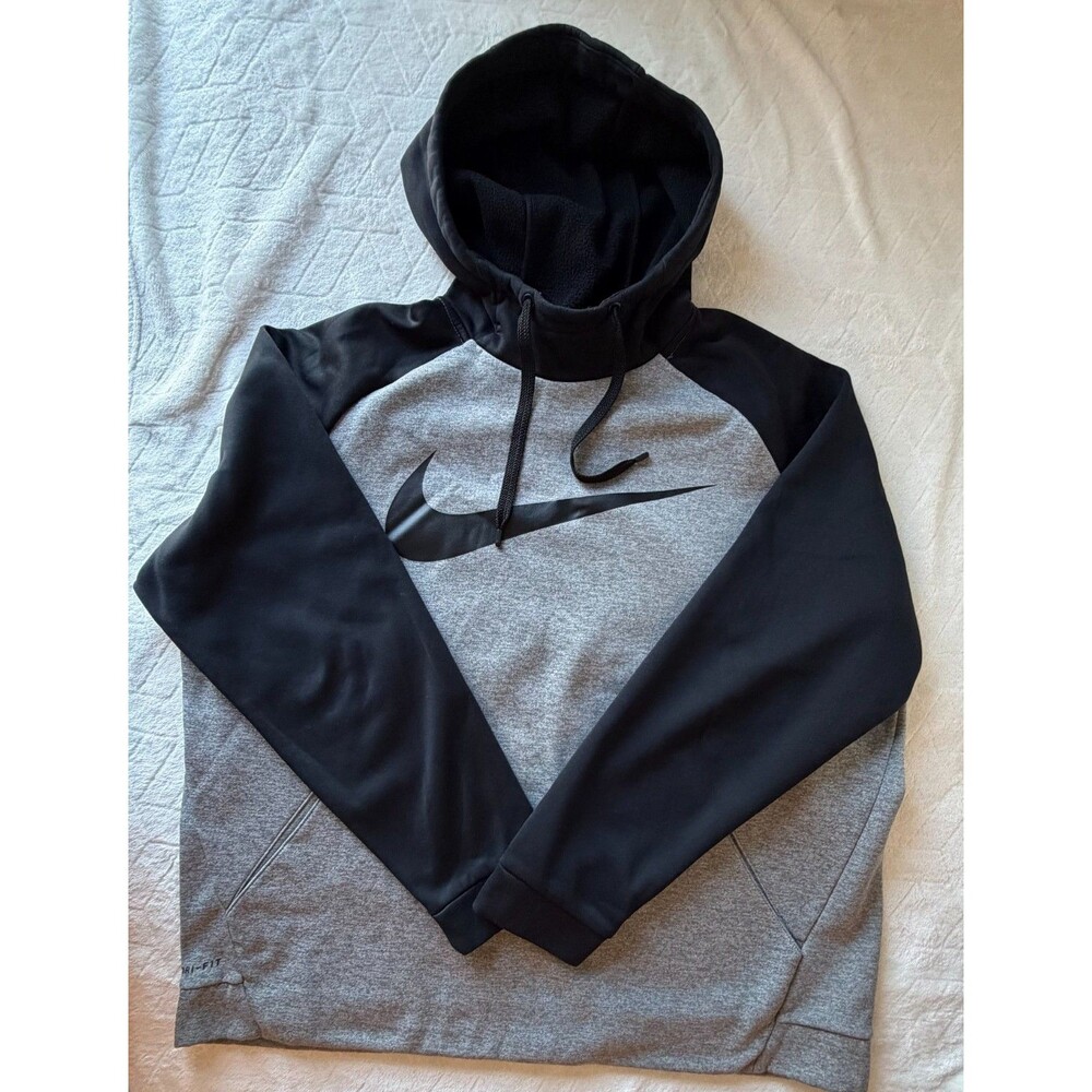 Nike Dri-FIT Therma Hoodie Mens XL Gray Black Big Swoosh Pullover Sweatshirt